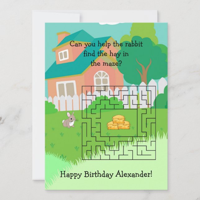 Rabbit and Hay Birthday Maze Cards for Kids (Front)
