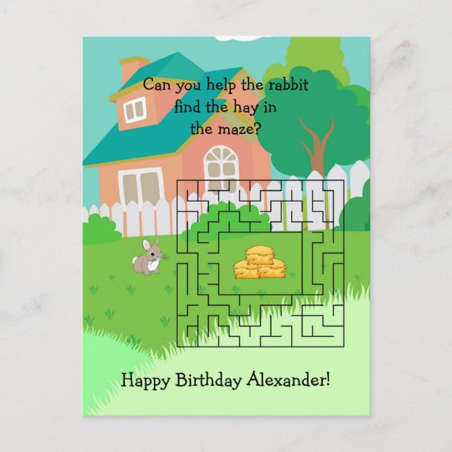 Rabbit and Hay Birthday Maze Postcards for Kids (Front)