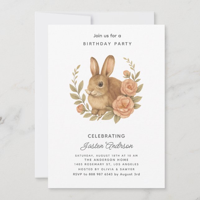 Rabbit and Pink Flowers Birthday Party Invitation (Front)