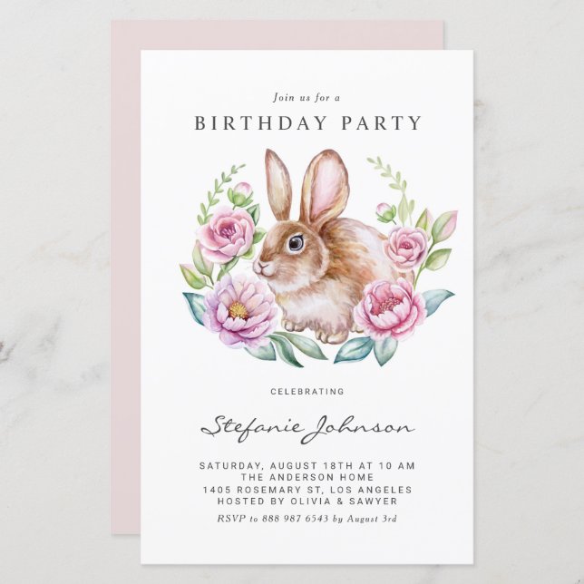 Rabbit and Pink Flowers Birthday Party Invitation (Front/Back)