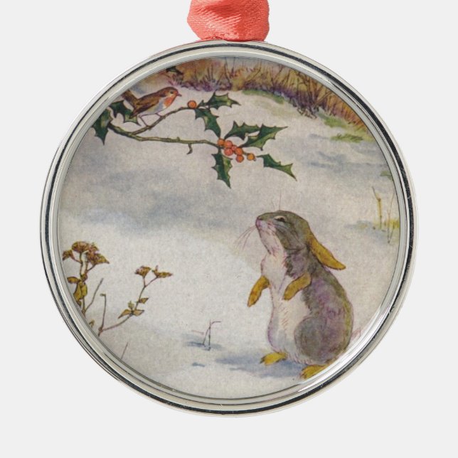 Rabbit and Robin Vintage Art Metal Ornament (Front)