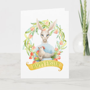 Rabbit and Spring Tulips Happy Easter Holiday Card