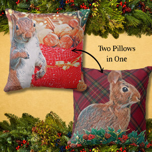 Rabbit and Squirrel Double-Sided Holiday Throw Pillow