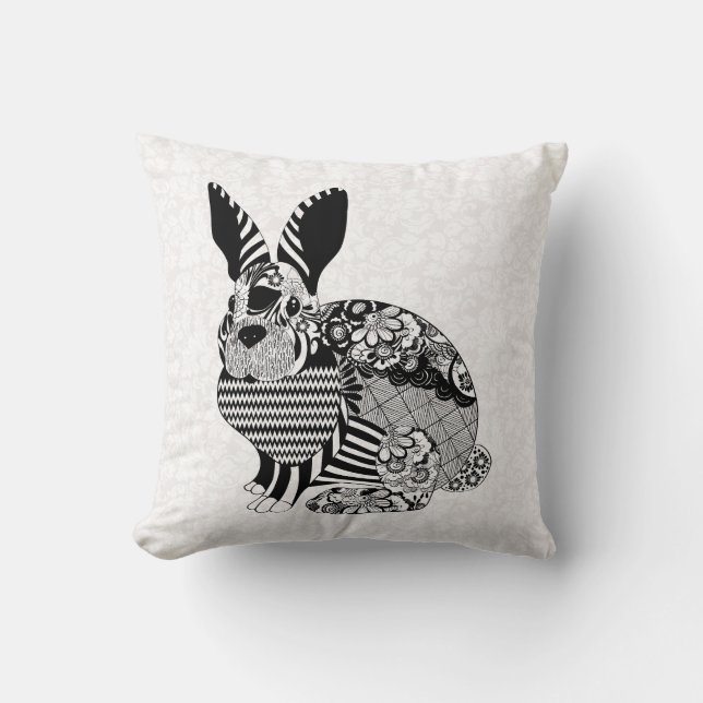Rabbit And White Damask Throw Pillow (Front)