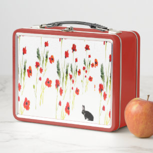 Rabbit Art Red Poppies Floral Personalized Metal Lunch Box
