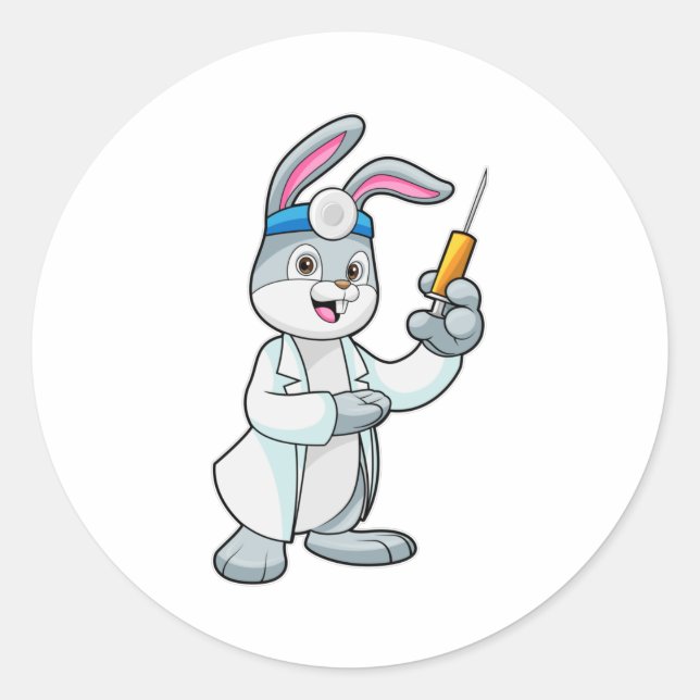 Rabbit as Doctor at Vaccination with Syringe Classic Round Sticker (Front)