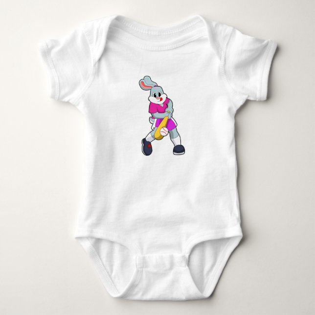Rabbit at Baseball with Baseball bat Baby Bodysuit (Front)