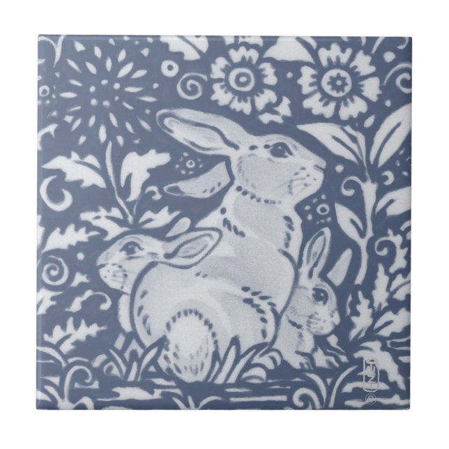 Rabbit & Babies Blue White Botanical Dedham Delft Tile (Front)