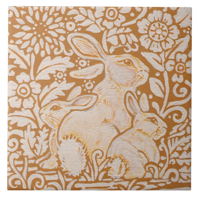 Rabbit & Babies Floral Ceramic 6" Tile Trivet Art (Front)