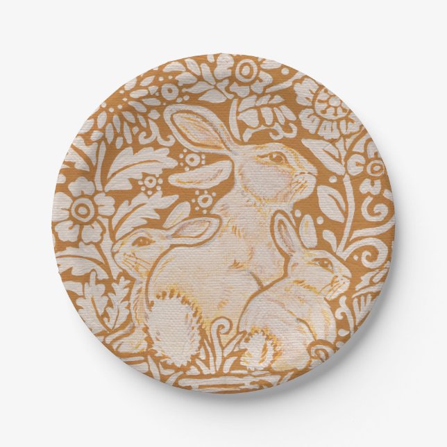 Rabbit Baby Bunnies Golden Yellow Woodland Art Paper Plate (Front)
