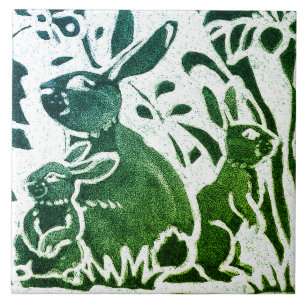 Rabbit Batik Modern Green Blue Floral Woodland Art Tile