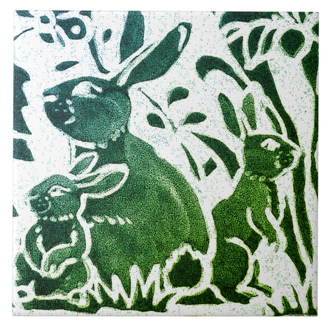 Rabbit Batik Modern Green Blue Floral Woodland Art Tile (Front)