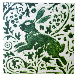 Rabbit Batik Modern Green Blue Floral Woodland Tile