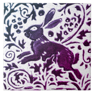 Rabbit Batik Modern Purple Blue Floral Woodland Tile