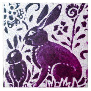 Rabbit Batik Modern Purple Blue Floral Woodland Tile