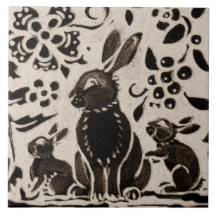 Rabbit Batik Stoneware Woodland Animal Tan Brown Tile