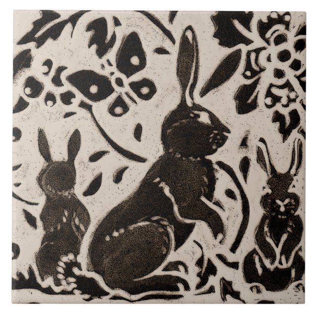 Rabbit Batik Stoneware Woodland Animal Tan Grey Tile (Front)