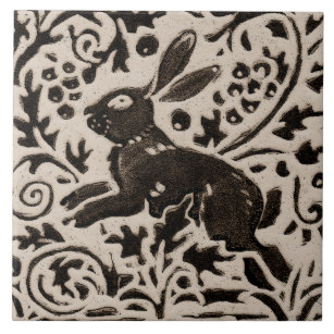Rabbit Batik Stoneware Woodland Animal Tan Grey Tile