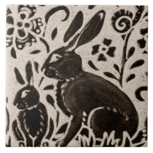 Rabbit Batik Woodland Animal Tan Grey Brown Floral Tile