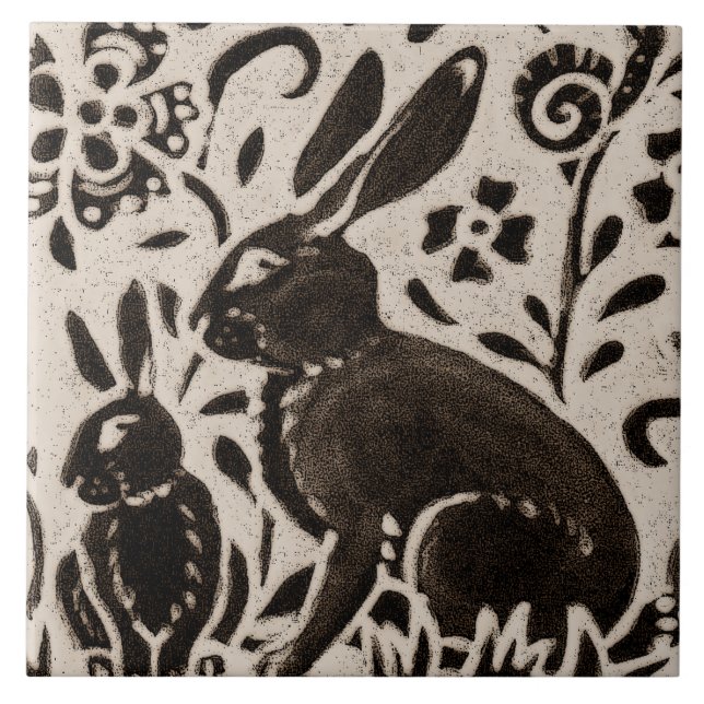 Rabbit Batik Woodland Animal Tan Grey Brown Floral Tile (Front)