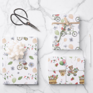 Rabbit Bear And Mouse On A Bike With Balloons Wrapping Paper Sheet