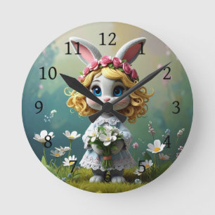 Rabbit big blue eyes holding a white bouquet round clock