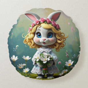 Rabbit big blue eyes holding a white bouquet round pillow