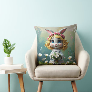 Rabbit big blue eyes holding a white bouquet throw pillow