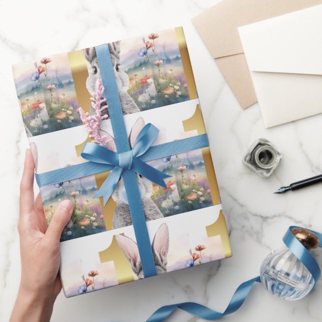 Rabbit blowing blue bubble gum First birthday Wrapping Paper (Gifting)