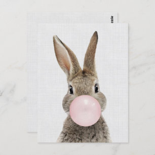Rabbit blowing bubble gum gray linen postcard