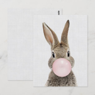 Rabbit blowing bubble gum grey linen postcard