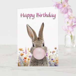Rabbit Blowing Pink Bubble gum Happy Birthday Card