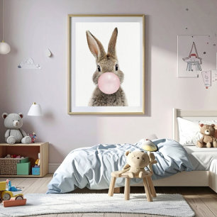Rabbit Blowing Pink Bubble gum Poster