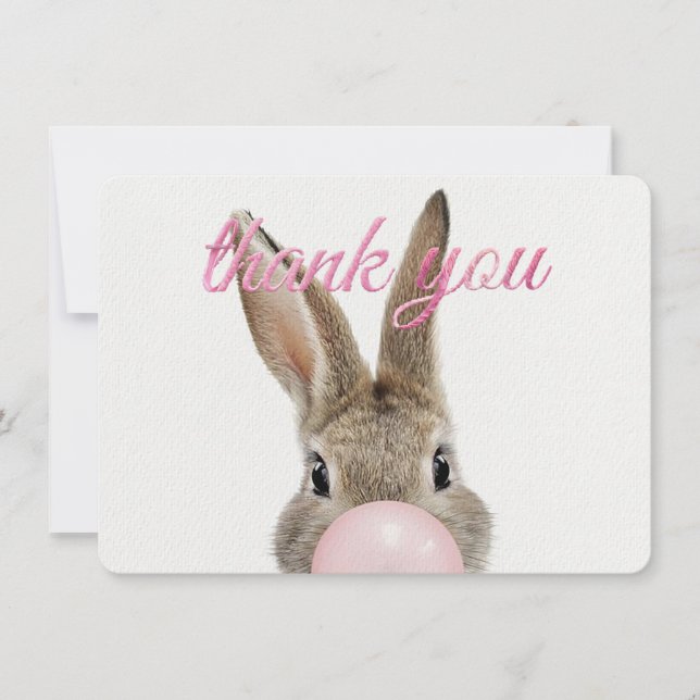Rabbit Blowing Pink Bubble gum Thank you Card (Front)