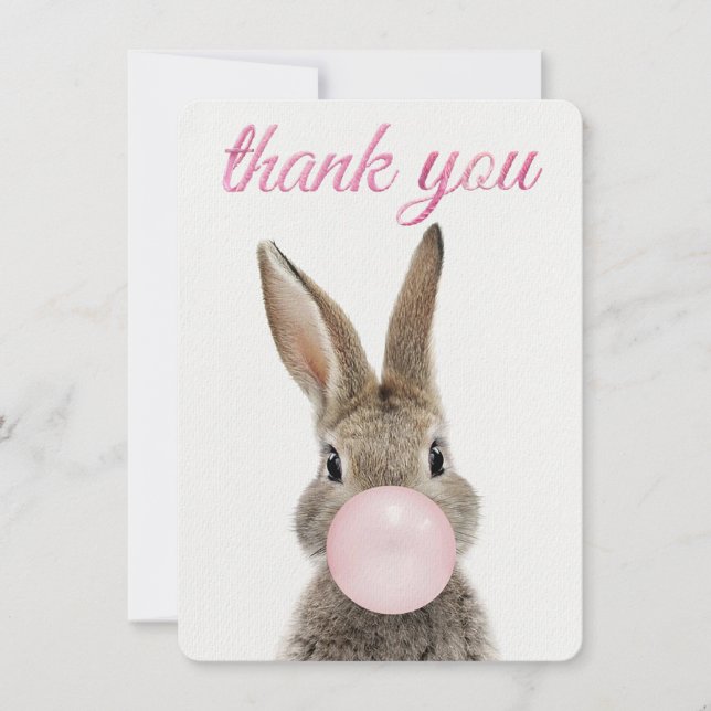 Rabbit Blowing Pink Bubble gum Thank you Card (Front)