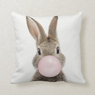 Rabbit Blowing Pink Bubble gum Throw Pillow