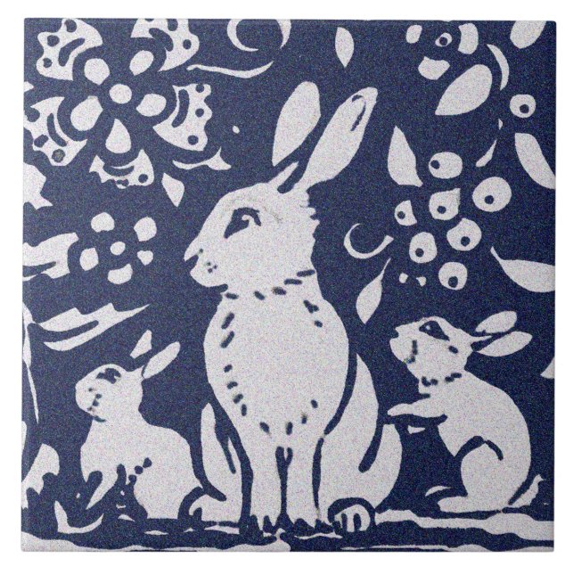 Rabbit Blue Grey Granite Stone Woodland Animal Art Tile (Front)