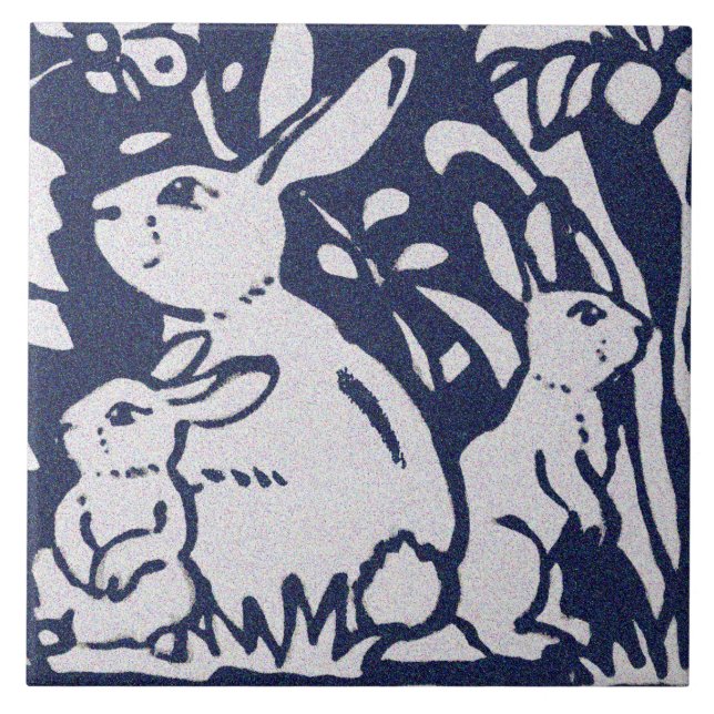 Rabbit Blue Grey Granite Stone Woodland Animal Art Tile (Front)
