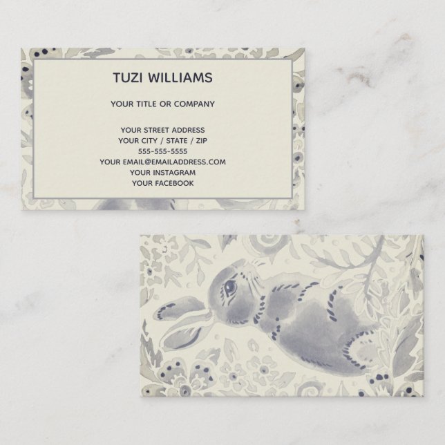 Rabbit Blue Grey Watercolor Modern Nature Custom Business Card (Front/Back)