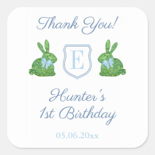 Rabbit Blue Monogram Baby Boy 1st Birthday Favor Square Sticker