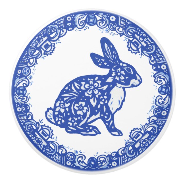Rabbit Blue & White Design Cute Bunny Faces Right Ceramic Knob (Front)
