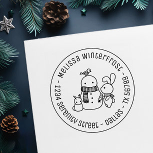 Rabbit Building Snowman Round Address Self-inking Stamp