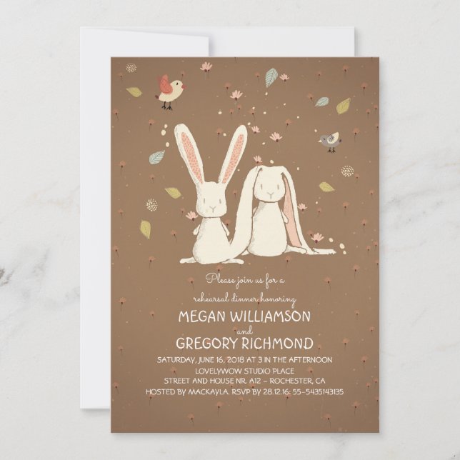 rabbit bunnies couple woodland rehearsal dinner invitation (Front)