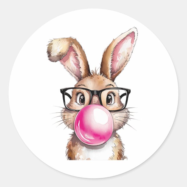 Rabbit Bunny Blowing Bubble Gum Easter Day Pink Wo Classic Round Sticker (Front)