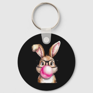 Rabbit Bunny Blowing Bubble Gum Easter Day Pink Wo Keychain