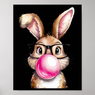 Rabbit Bunny Blowing Bubble Gum Easter Day Pink Wo Poster