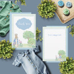 Rabbit Bunny Blue Baby Shower  Thank You Card<br><div class="desc">Sweet Rabbit in garden with greenery and flowers done in soft watercolors. A blue & white plaid with green accents frame. “Thank you” coordinating baby blue cloud frame. Design is carried over to the back of this adorable invitation. Perfect for boy or girl baby shower. “A sweet bunny” theme baby...</div>