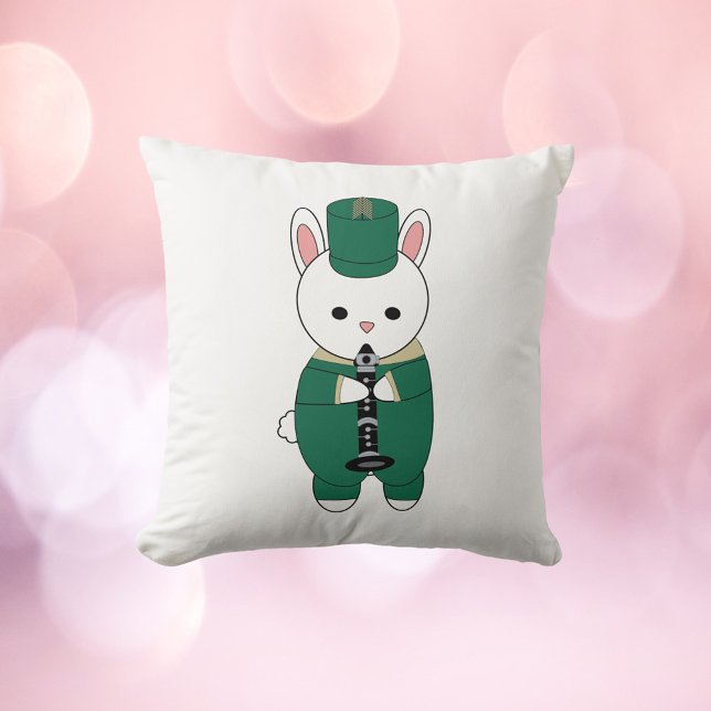 Rabbit Bunny Clarinet Marching Band Green Gold Throw Pillow (A throw pillow with a rabbit playing the clarinet while wearing a green & gold marching band uniform)
