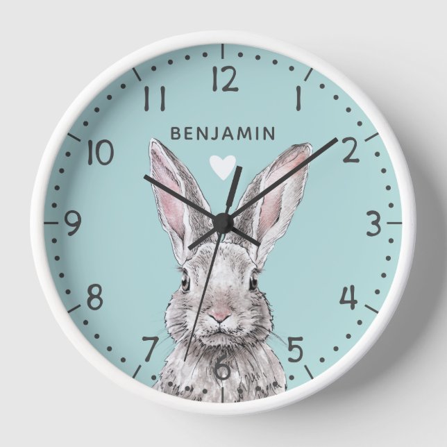 Rabbit Bunny Cute Watercolor Animal art Kids Name Clock (Front)