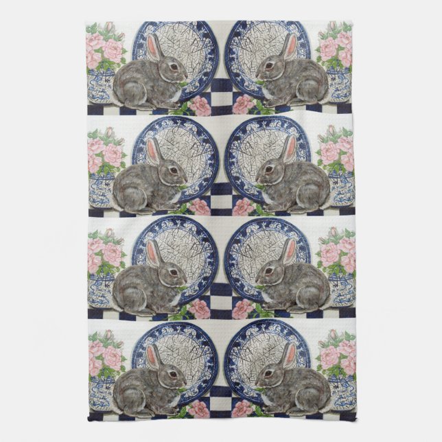 Rabbit Bunny Dedham Delft Farmhouse Rustic Cute Kitchen Towel (Vertical)
